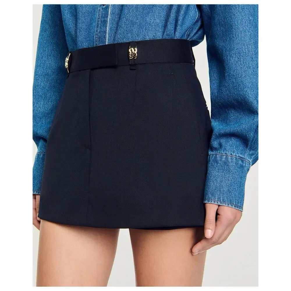 NWT Sandro Leo Skort Shorts Skirt Mini Navy Gold Buckles Wool Blend 40